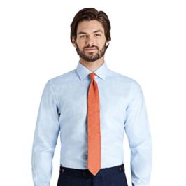 man wearing orange tie and fitted blue dress shirt