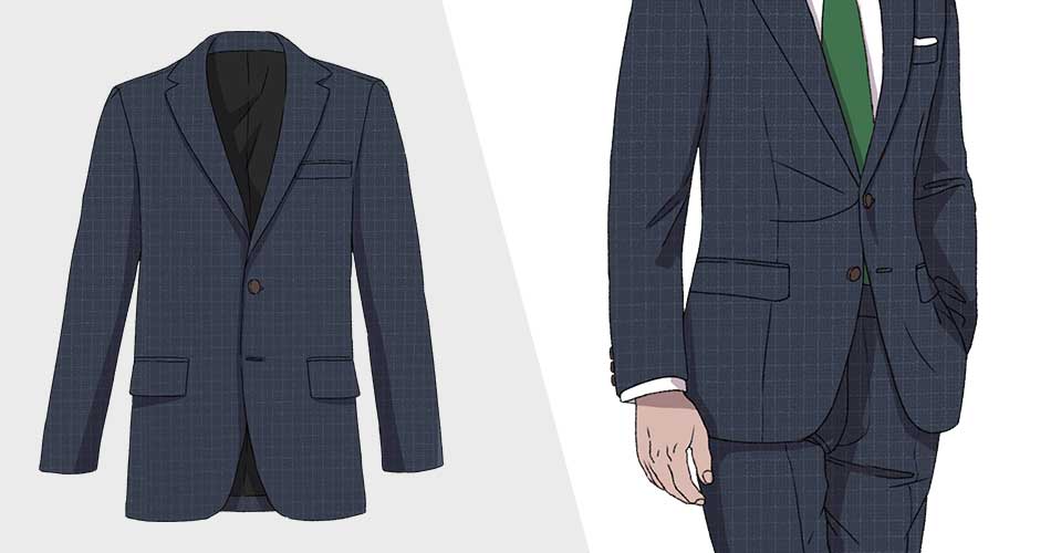 navy check suit with flap pockets