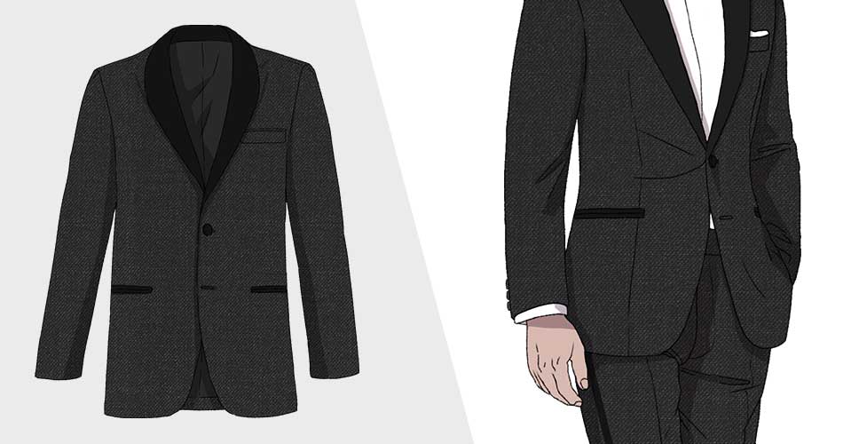 black tuxedo suit jacket with piped pockets
