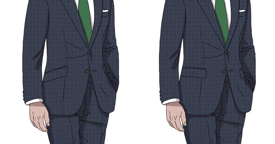 wo navy suits with slanted flap pockets and straight flap pockets