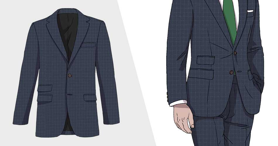 navy check suit with flap pockets and a ticket pocket