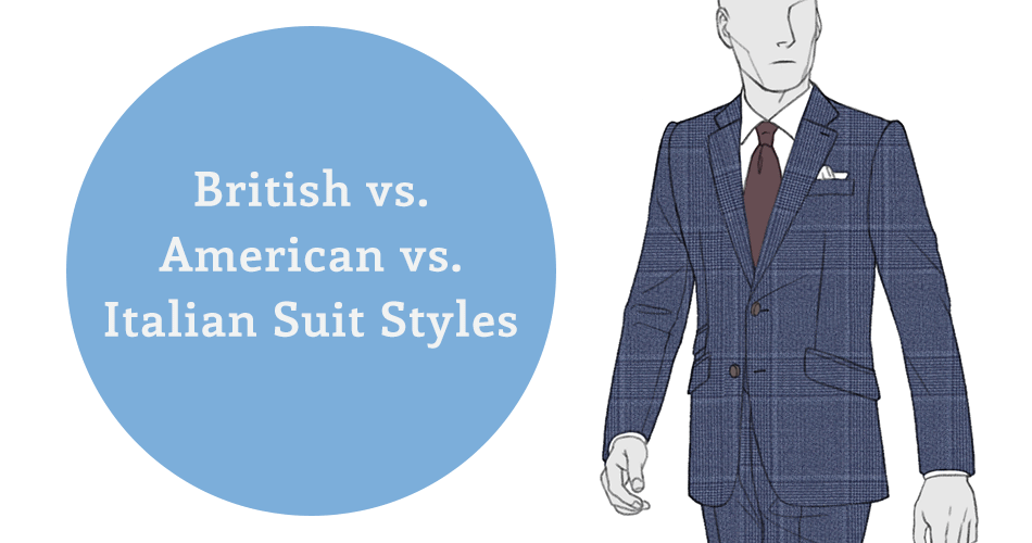 thee suits in british style, american style, italian style, with text overlay "british vs. american vs. italian suit styles"