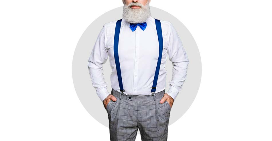 man with beard wearing gray plaid pleated dress pants