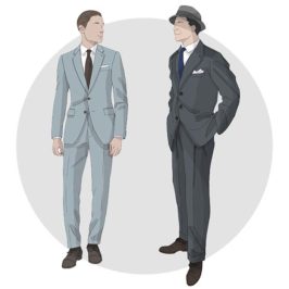 two men wearing flat front and pleated pants