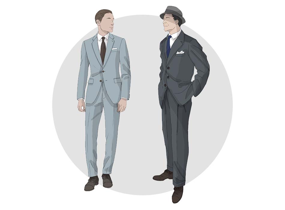 one man wearing modern suits with flat front and one man wearing older style with pleated pants