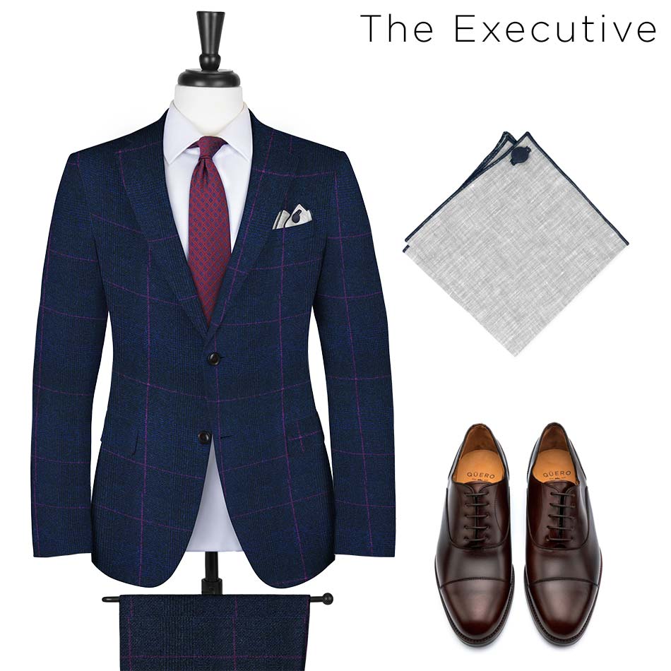 blue suit with purple windowpane stripe combination for interview