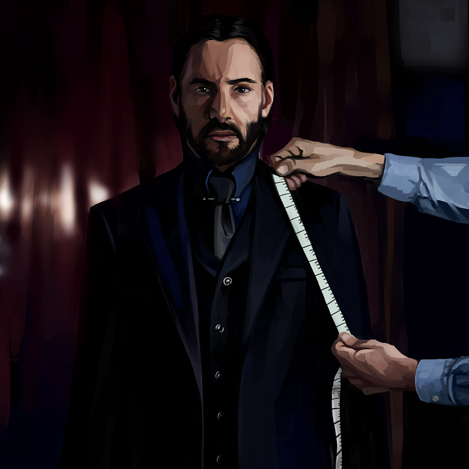 keanu reeves as john wick getting measured in a three piece suit 