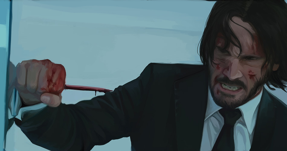 keanu reeves as john wick holding a bloody pencil in a black suit and white shirt