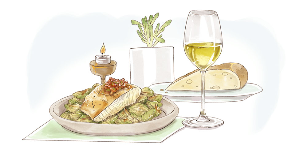 glass of sauvignon blanc wine for beginners with white fish dish