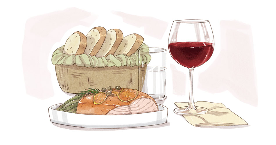 glass of pinot noir wine for beginners with salmon dish