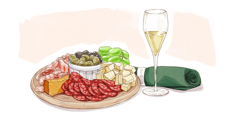 glass of prosecco wine for beginners with antipasto
