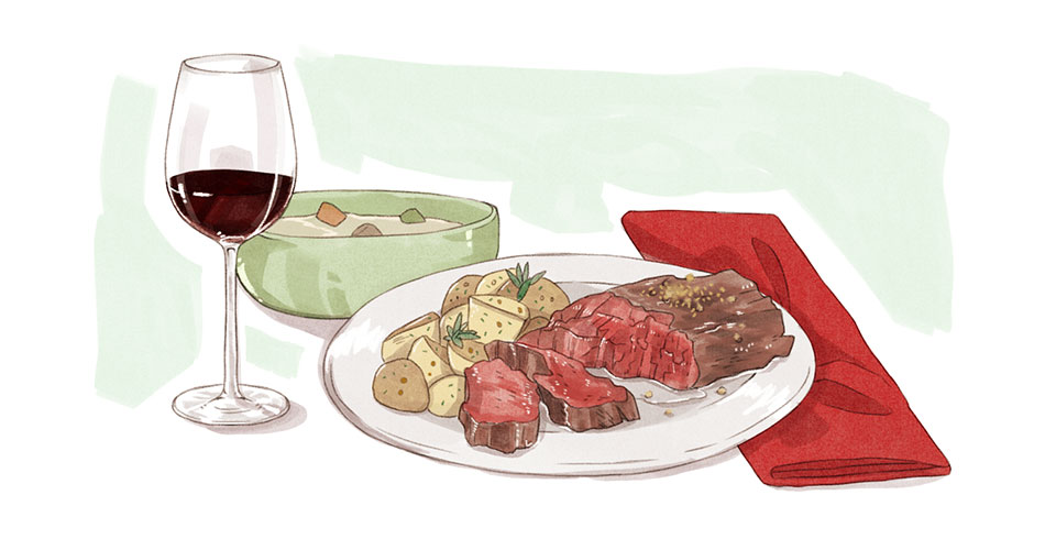 glass of cabernet sauvignon with steak dish