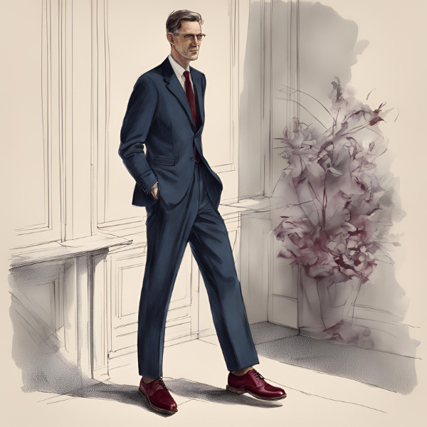 navy suit with burgundy shoes