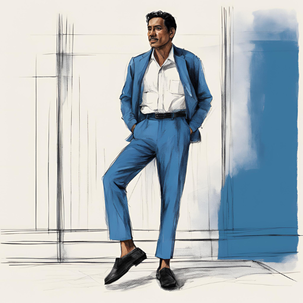 blue suit with black shoes